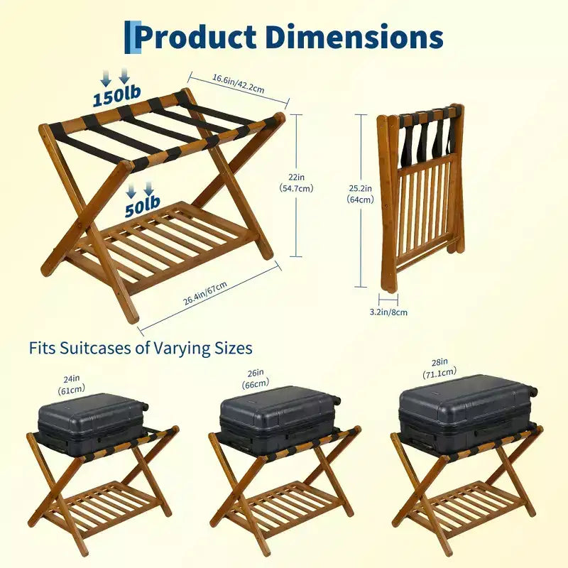 Folding Bamboo Luggage Rack for Guest Room, Suitcase Stand with Shoe Shelf & Strong Straps, 150 Lb Capacity, Ideal for Bedroom/Hotel