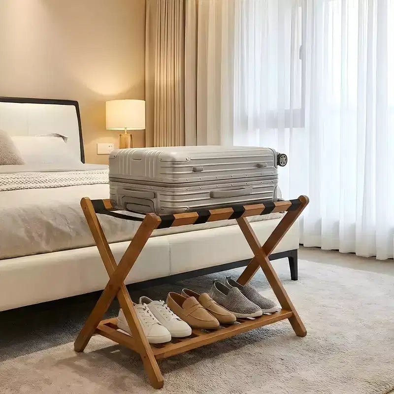 Folding Bamboo Luggage Rack for Guest Room, Suitcase Stand with Shoe Shelf & Strong Straps, 150 Lb Capacity, Ideal for Bedroom/Hotel