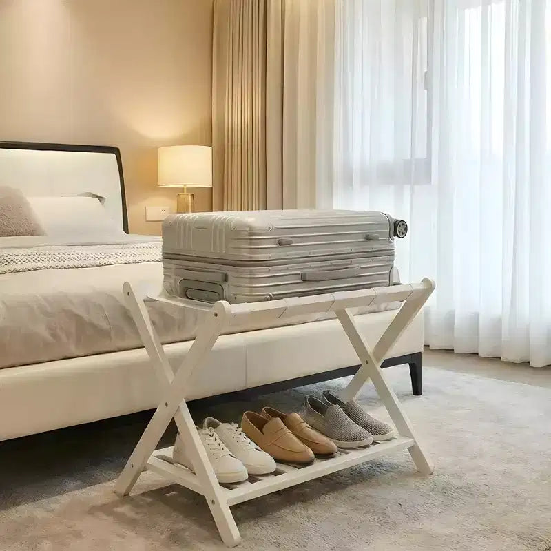 Folding Bamboo Luggage Rack for Guest Room, Suitcase Stand with Shoe Shelf & Strong Straps, 150 Lb Capacity, Ideal for Bedroom/Hotel