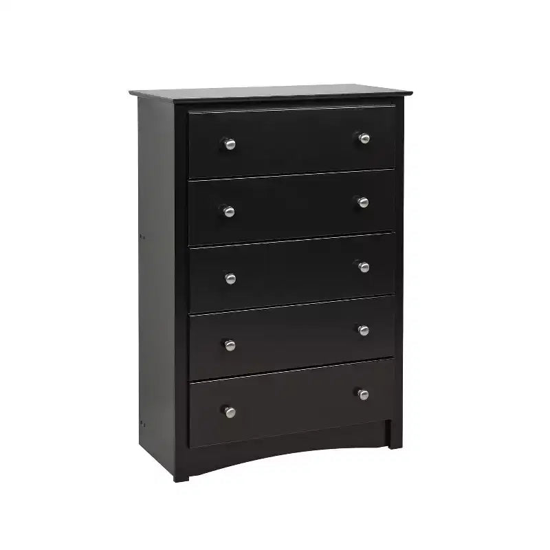 Prepac 5 Drawer Dresser Black: Transitional Style, Satin Finish, Nickel Hardware, Bedroom Storage