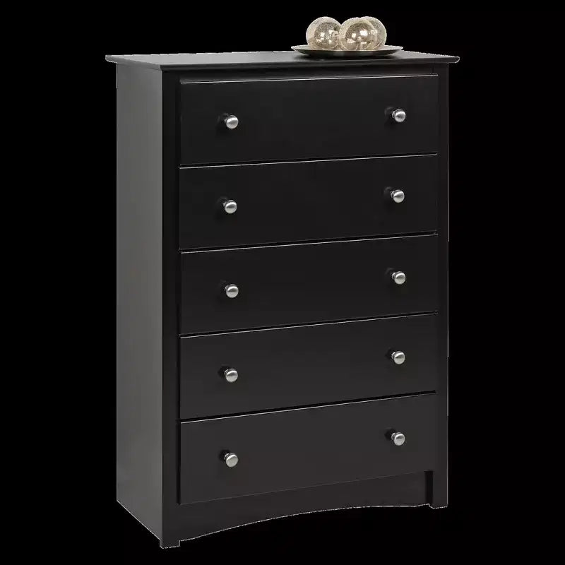 Prepac 5 Drawer Dresser Black: Transitional Style, Satin Finish, Nickel Hardware, Bedroom Storage