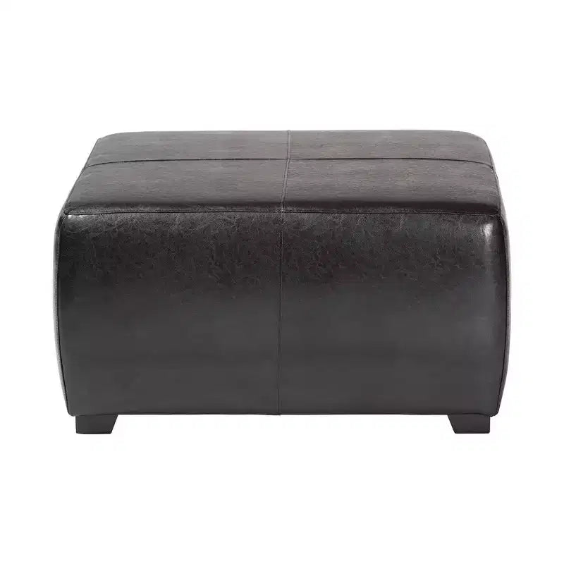 Full Leather Square Ottoman Footstool Black - Baxton Studio: Modern Upholstered, Wood Frame, No Assembly Required