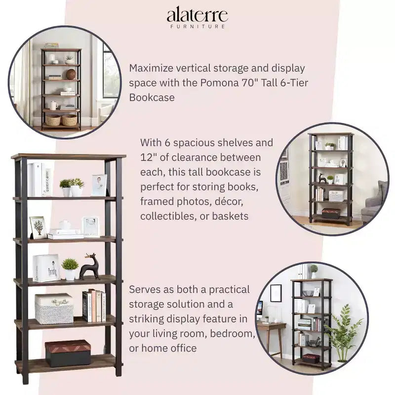 70" Pomona 5 Shelf Bookshelf Metal and Solid Wood Natural - Alaterre Furniture