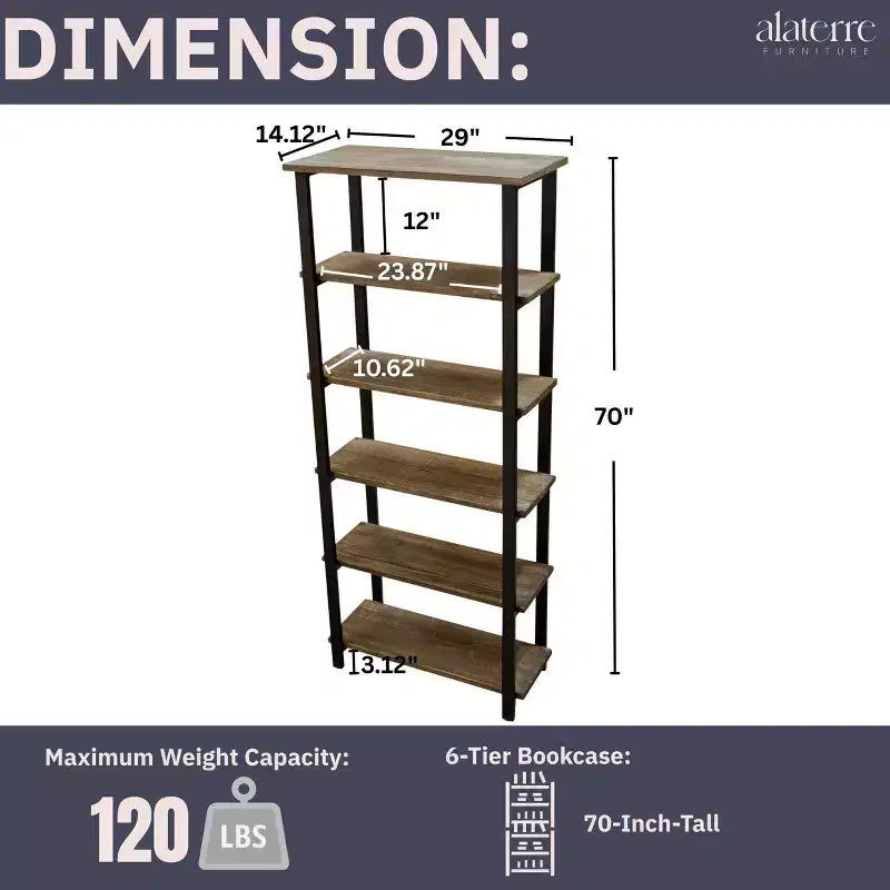 70" Pomona 5 Shelf Bookshelf Metal and Solid Wood Natural - Alaterre Furniture