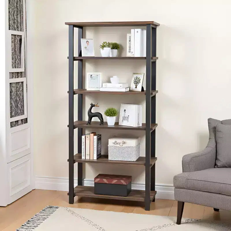 70" Pomona 5 Shelf Bookshelf Metal and Solid Wood Natural - Alaterre Furniture