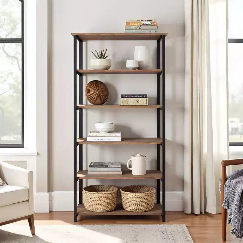 70" Pomona 5 Shelf Bookshelf Metal and Solid Wood Natural - Alaterre Furniture