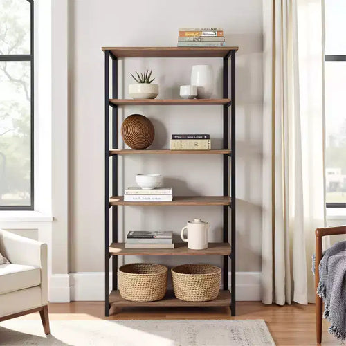 70" Pomona 5 Shelf Bookshelf Metal and Solid Wood Natural - Alaterre Furniture