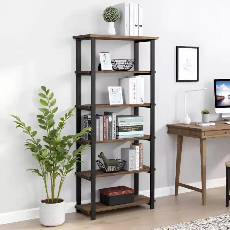 70" Pomona 5 Shelf Bookshelf Metal and Solid Wood Natural - Alaterre Furniture