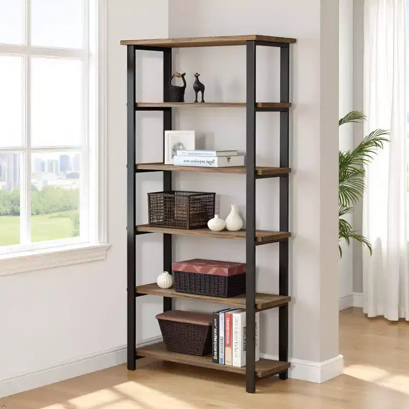 70" Pomona 5 Shelf Bookshelf Metal and Solid Wood Natural - Alaterre Furniture